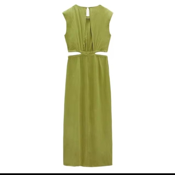 🔥 Zara Cutout Midi Dress - Olive Green - Linen - Picture 5 of 7
